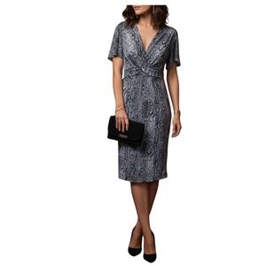 BCBGMAXAZRIA Gray/Black Snakeskin Print Twist Front V-Neck Sheath Dress Size XS